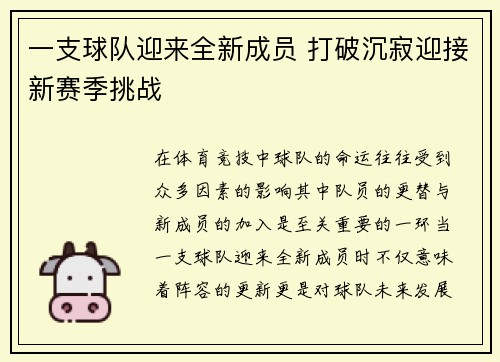 一支球队迎来全新成员 打破沉寂迎接新赛季挑战
