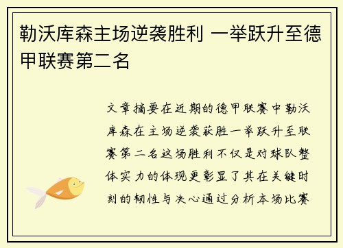 勒沃库森主场逆袭胜利 一举跃升至德甲联赛第二名