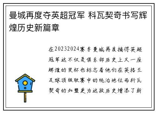 曼城再度夺英超冠军 科瓦契奇书写辉煌历史新篇章