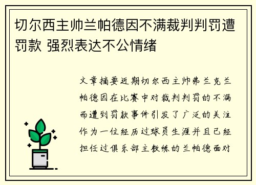 切尔西主帅兰帕德因不满裁判判罚遭罚款 强烈表达不公情绪