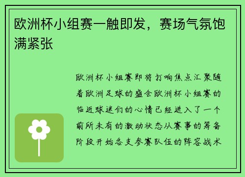 欧洲杯小组赛一触即发，赛场气氛饱满紧张