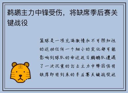 鹈鹕主力中锋受伤，将缺席季后赛关键战役
