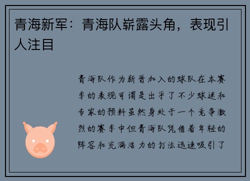 青海新军：青海队崭露头角，表现引人注目