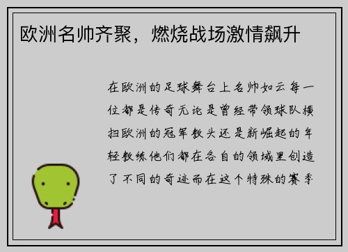 欧洲名帅齐聚，燃烧战场激情飙升