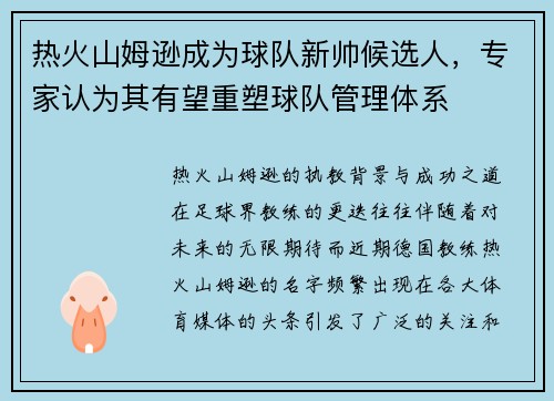 热火山姆逊成为球队新帅候选人，专家认为其有望重塑球队管理体系