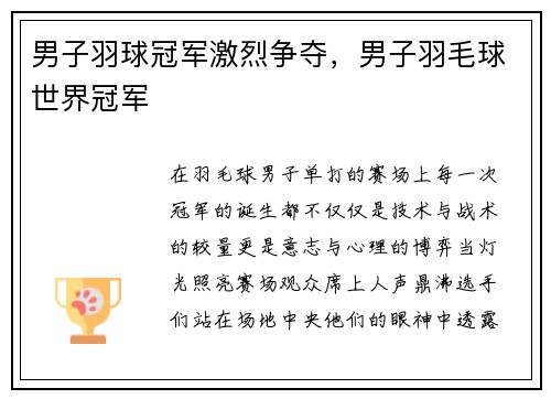 男子羽球冠军激烈争夺，男子羽毛球世界冠军