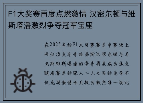 F1大奖赛再度点燃激情 汉密尔顿与维斯塔潘激烈争夺冠军宝座