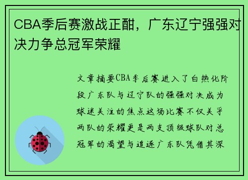 CBA季后赛激战正酣，广东辽宁强强对决力争总冠军荣耀