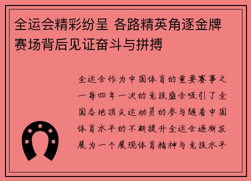 全运会精彩纷呈 各路精英角逐金牌 赛场背后见证奋斗与拼搏