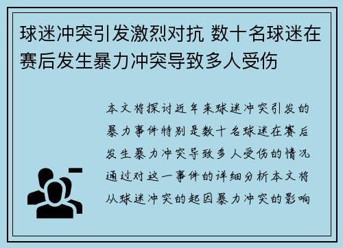球迷冲突引发激烈对抗 数十名球迷在赛后发生暴力冲突导致多人受伤