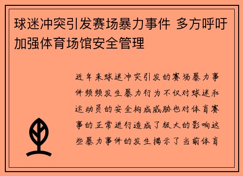 球迷冲突引发赛场暴力事件 多方呼吁加强体育场馆安全管理