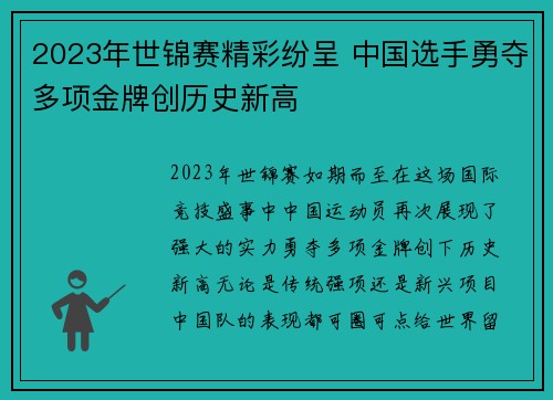 2023年世锦赛精彩纷呈 中国选手勇夺多项金牌创历史新高