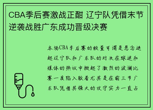 CBA季后赛激战正酣 辽宁队凭借末节逆袭战胜广东成功晋级决赛