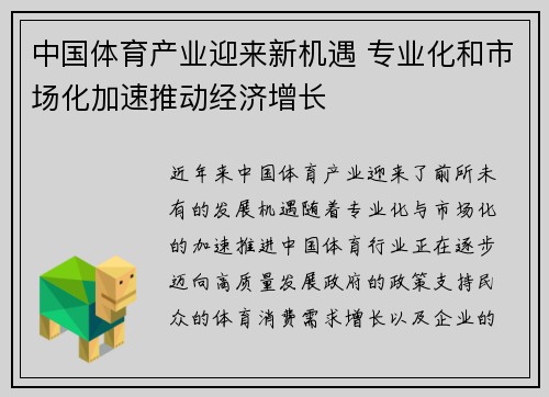 中国体育产业迎来新机遇 专业化和市场化加速推动经济增长